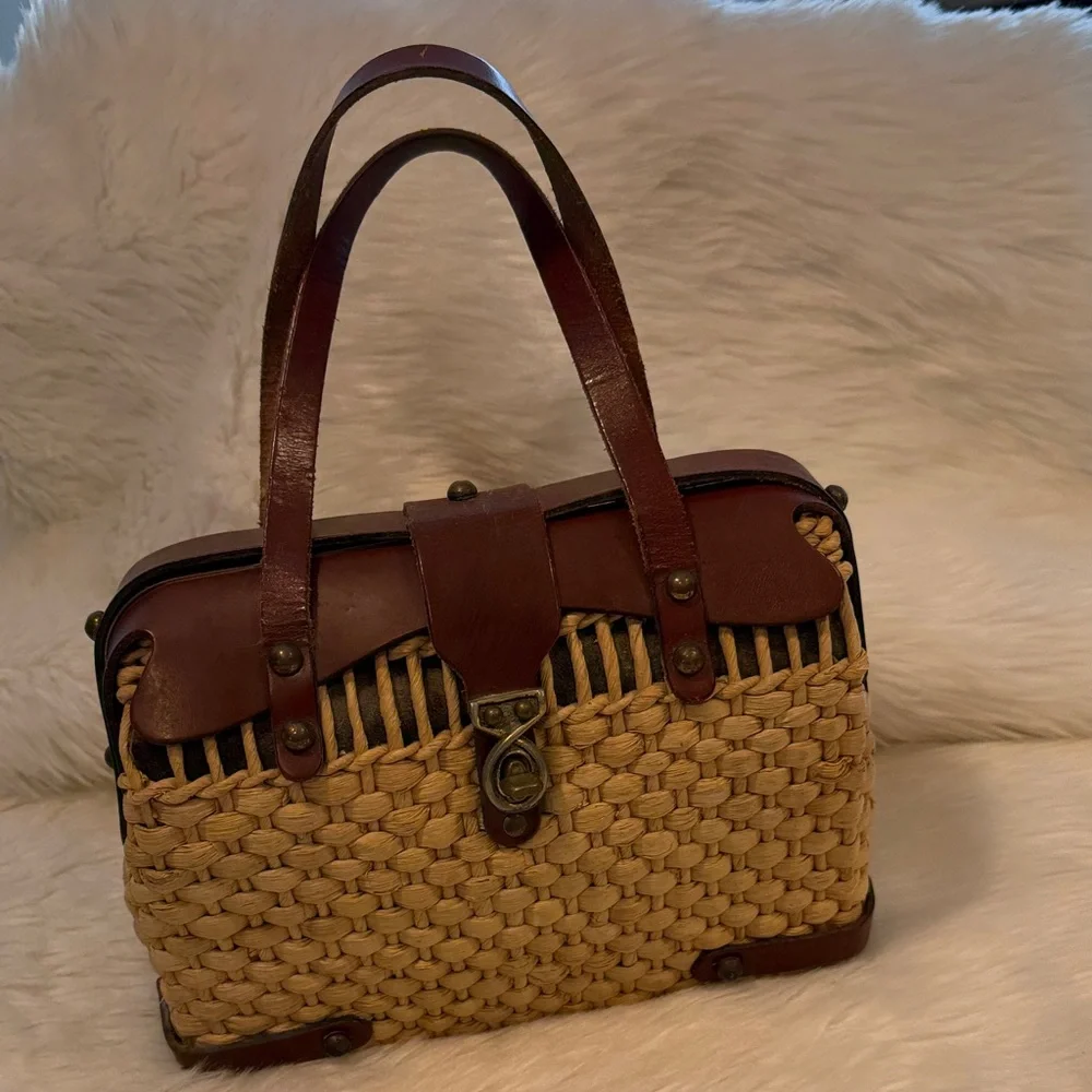 Vintage Straw Basket Handbag Leather Top Handle Metal Detail Cottagecor
